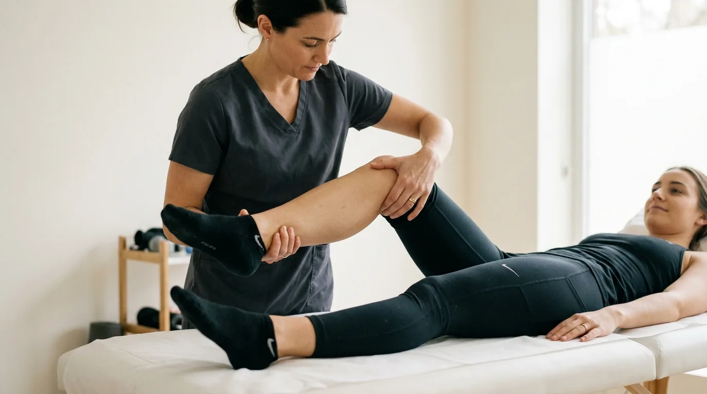 Avaliação de paciente na maca em consultório de fisioterapia